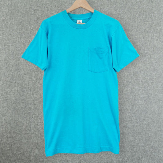 Vintage 80's Single Stitch FOTL Aqua Blue Blank Pocket T-Shirt - Size S