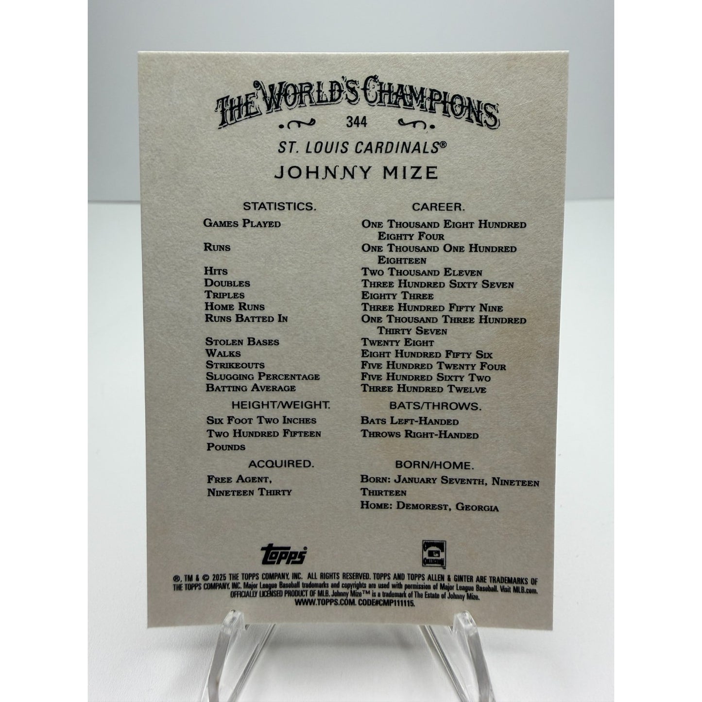 2025 Topps Allen & Ginter - Johnny Mize #344