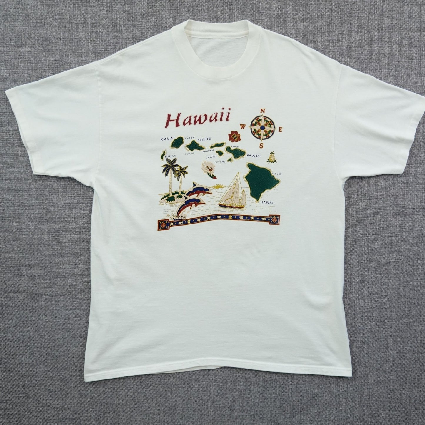Vintage 90s Hawaii Islands Map Souvenir T-Shirt White L/XL