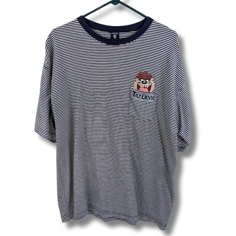Vintage 90s Taz Devil Striped Tee XL Warner Bros Embroidered Pocket