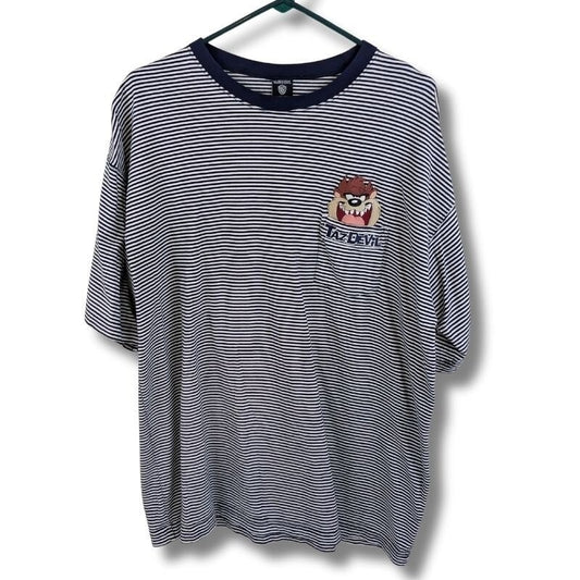 Vintage 90s Taz Devil Striped Tee XL Warner Bros Embroidered Pocket