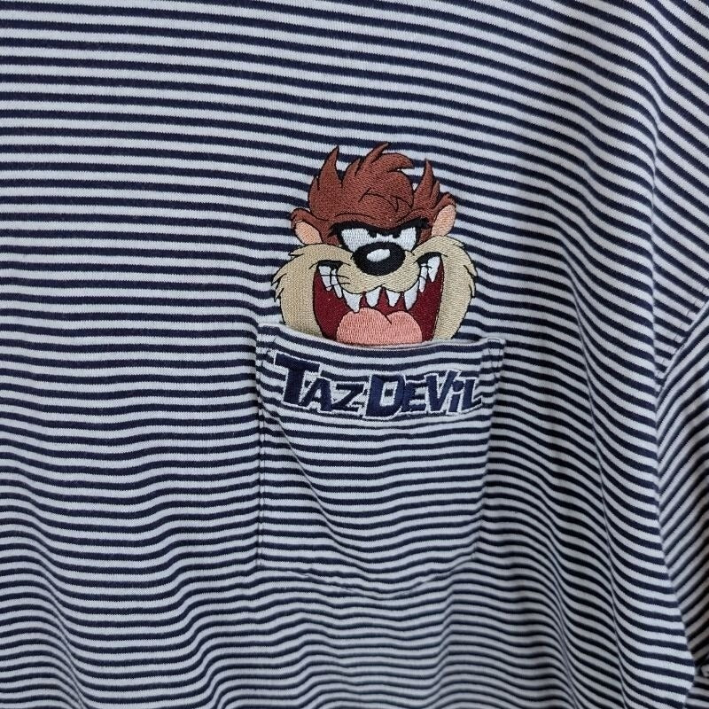 Vintage 90s Taz Devil Striped Tee XL Warner Bros Embroidered Pocket