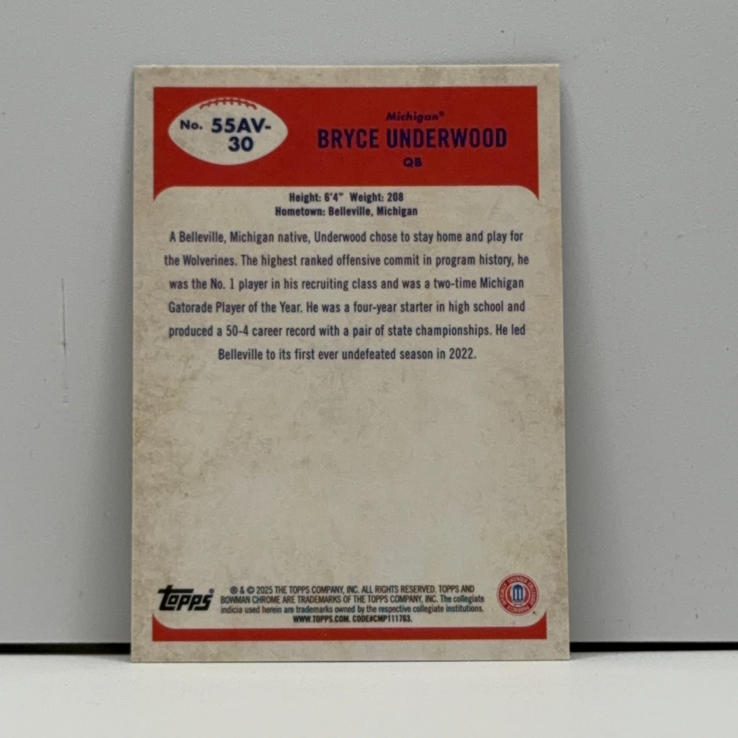 2025 Bowman Chrome U - Bryce Underwood #55AV-30 Michigan Wolverines