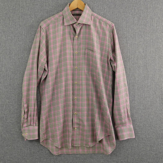 Peter Millar Pink Brown White Plaid Dress Shirt - Size M