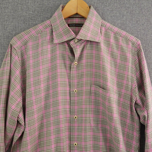 Peter Millar Pink Brown White Plaid Dress Shirt - Size M