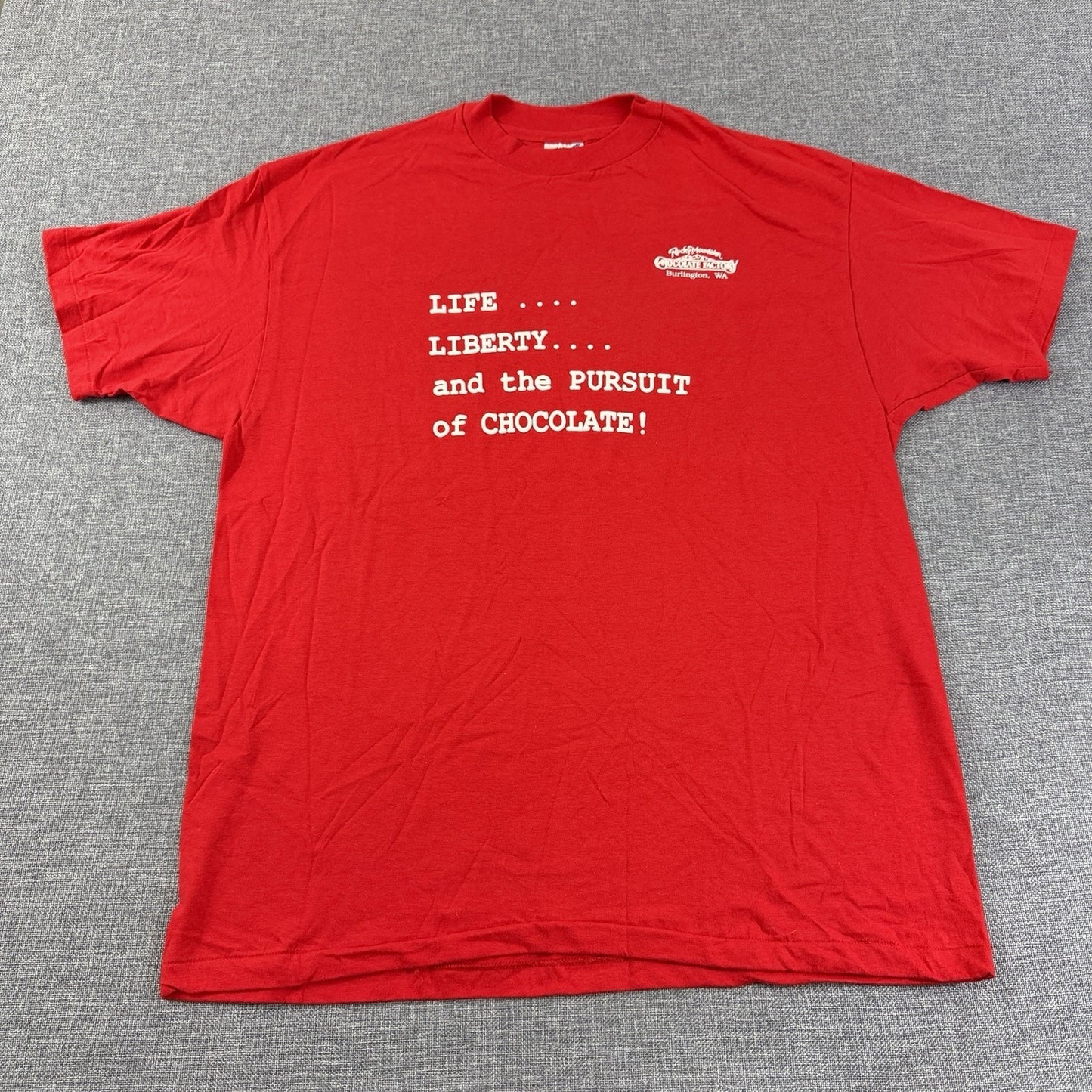 Vintage 90s Rocky Mountain Chocolate Factory Tee Red XL Hanes Puff Print
