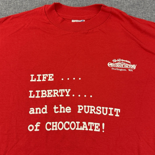 Vintage 90s Rocky Mountain Chocolate Factory Tee Red XL Hanes Puff Print
