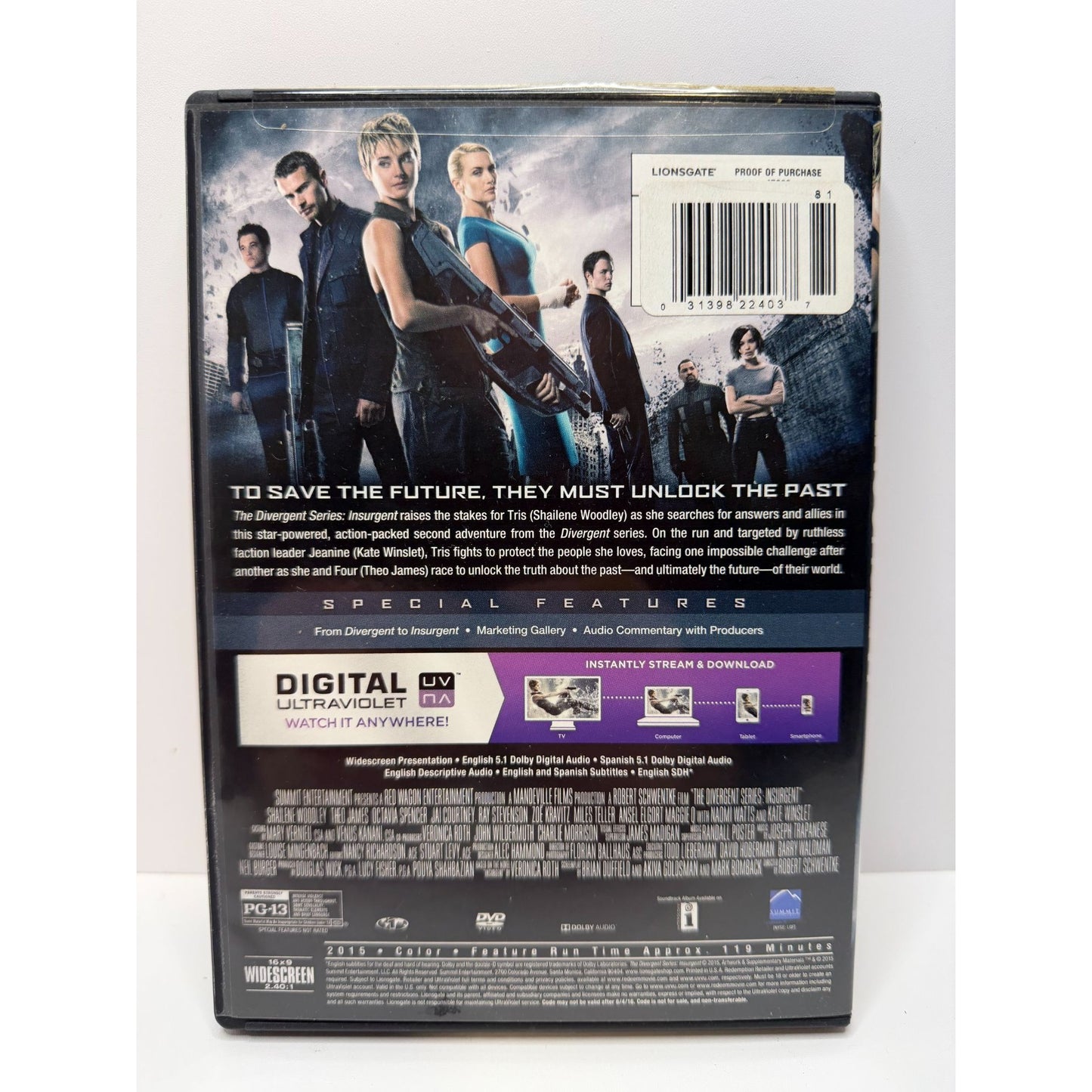 The Divergent Series: Insurgent Shailene Woodley Theo James DVD + Digital Slipcover