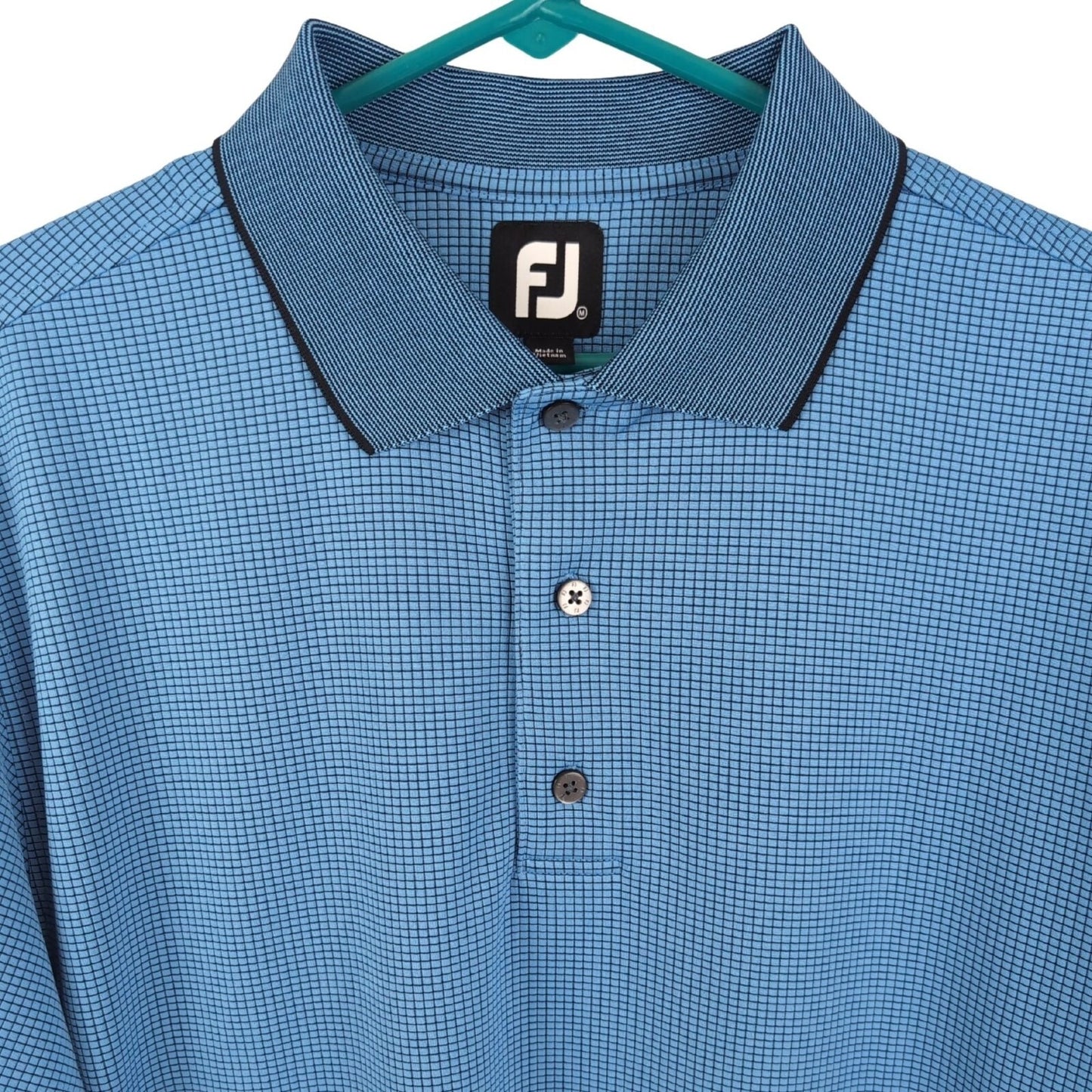 FootJoy Golf Polo Shirt M Blue Grid Pattern Moisture-Wicking Performance