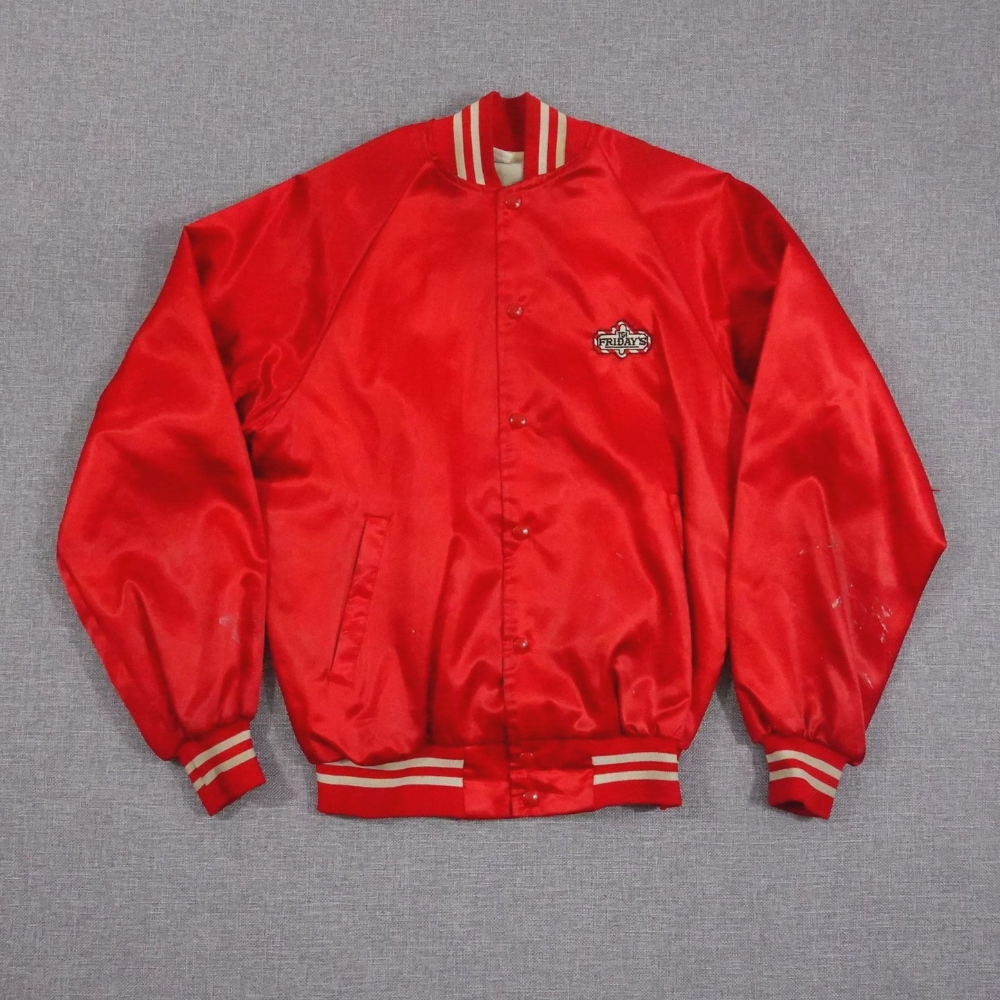 Vintage 80s TGI Friday's Red Satin Bomber Jacket - Size M