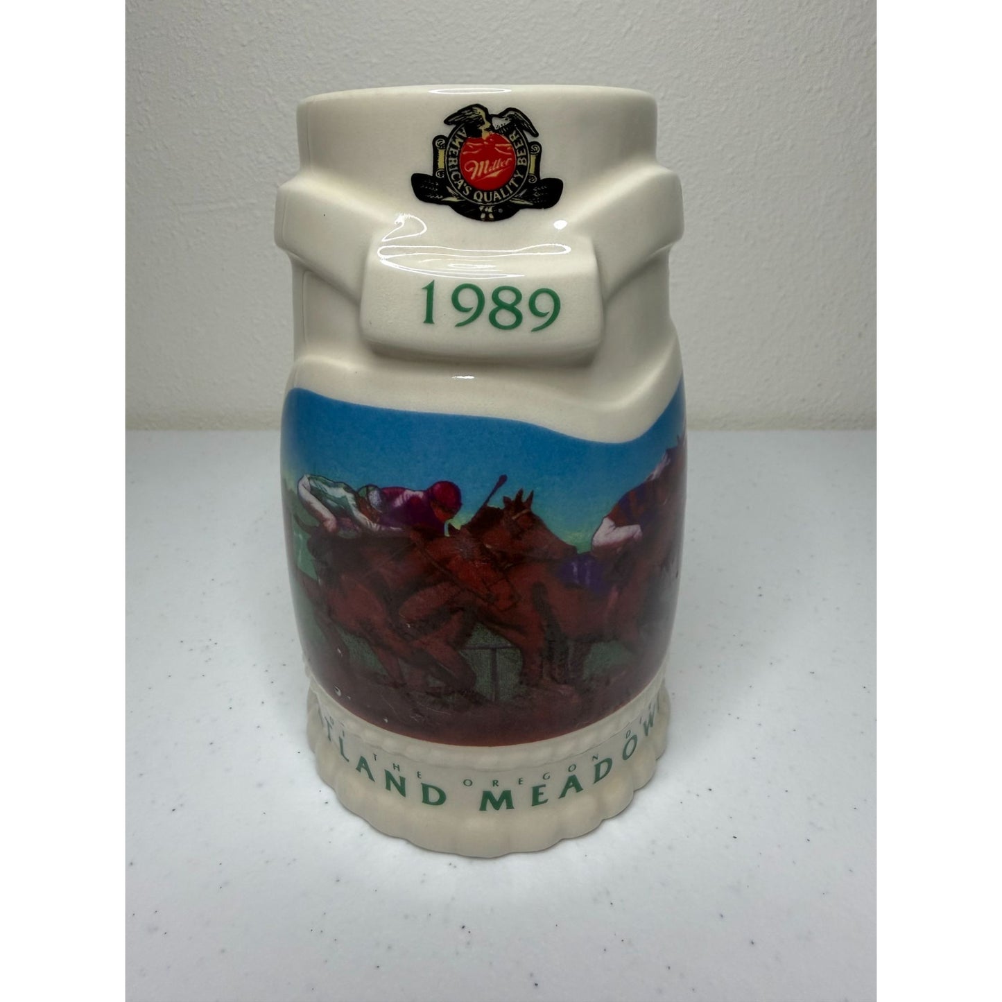 VTG 1989 Miller High Life Portland Meadows Oregon Derby 16oz Beer Stein