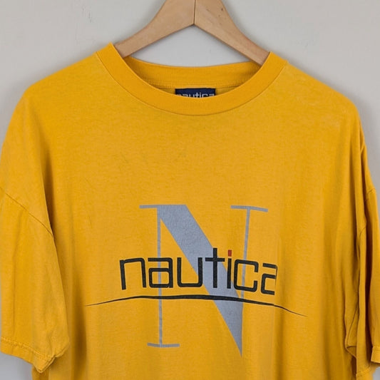 Vintage Nautica Spell Out Logo T-Shirt Yellow XL 90s Graphic Tee USA Style