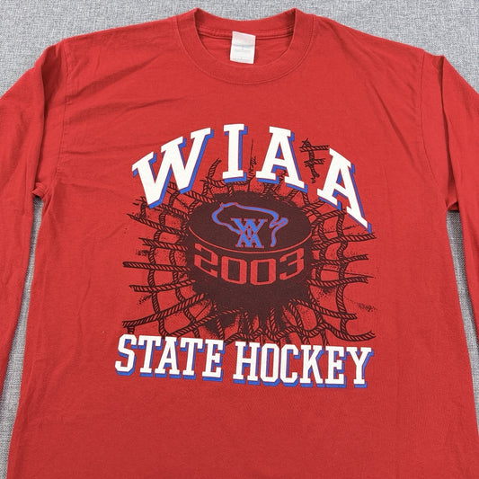 Vintage WIAA State 2003 Boys Hockey Tournament T-Shirt Long Sleeve Red Size M/L